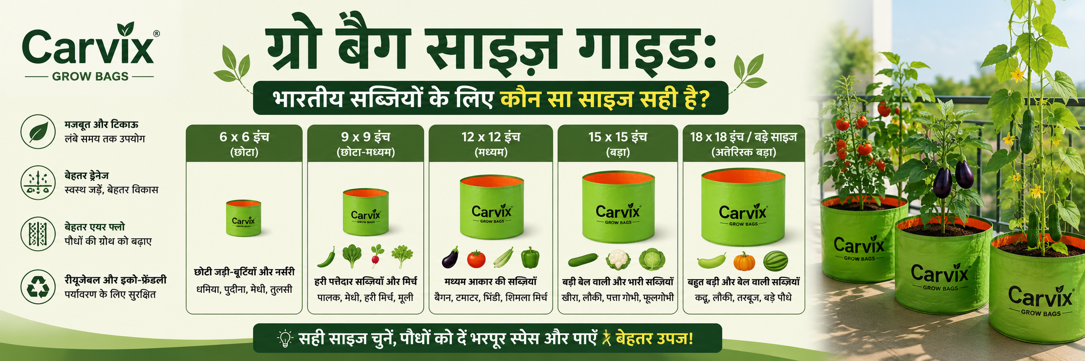 ग्रो बैग साइज़ गाइड भारतीय सब्ज़ियों के लिए कौन सा साइज़ सही है