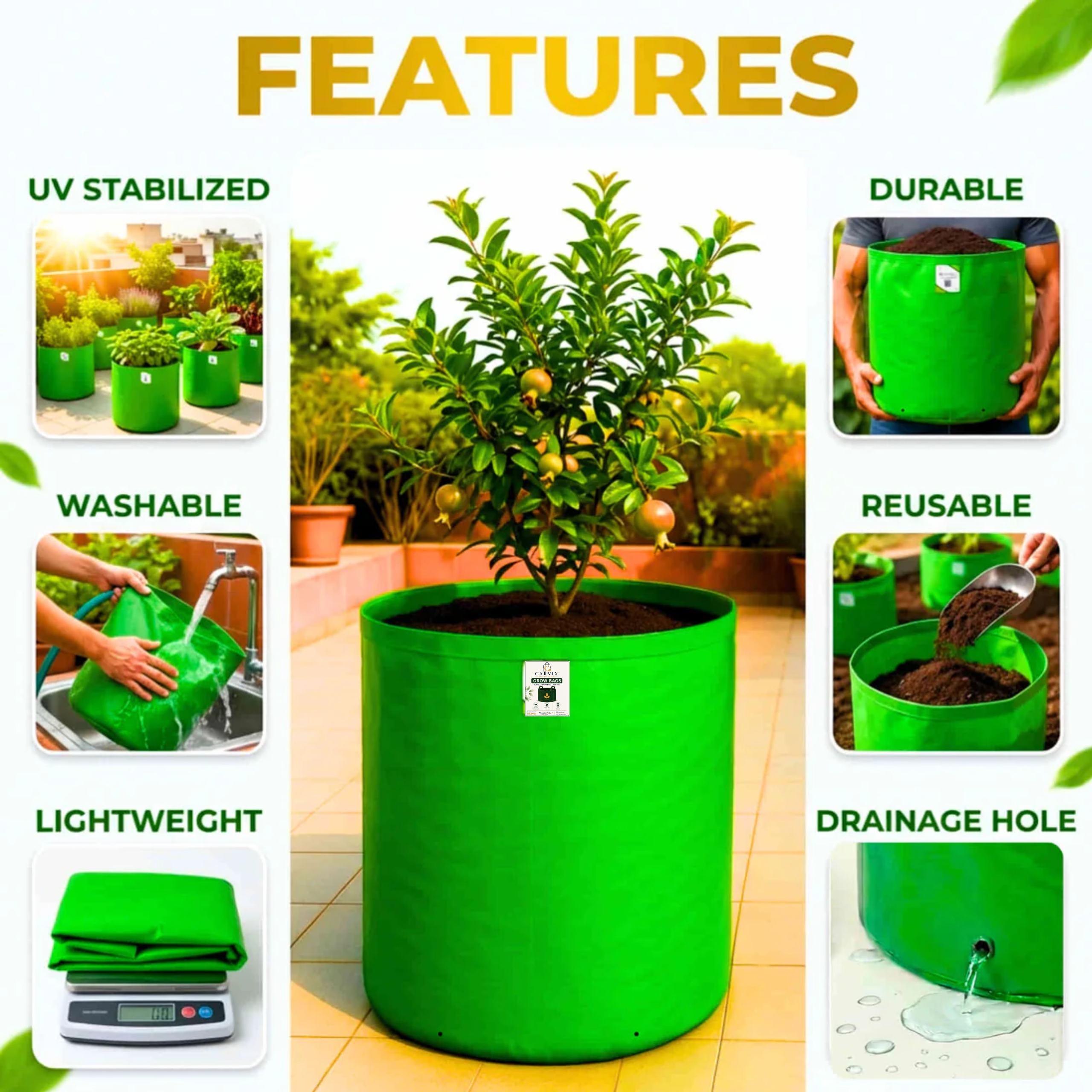 Carvix 18X24 Tree Grow Bag for Home Gardening, Premium HDPE 260 GSM Green Big Plant Bags