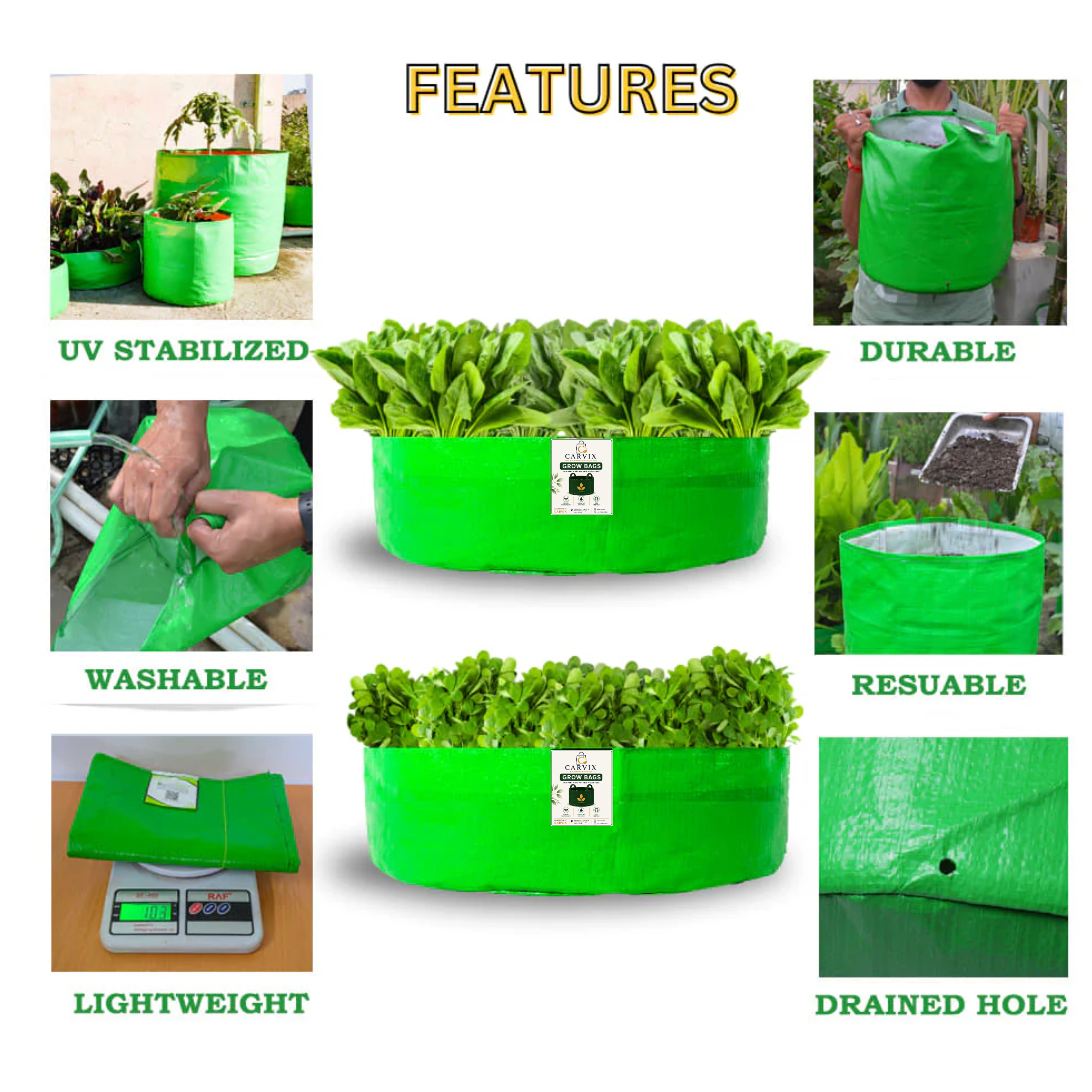 Carvix 24x6 Grow Bag for Leafy Vegetables, Premium HDPE 260 GSM, Green Plant Bags for Terrace Garden
