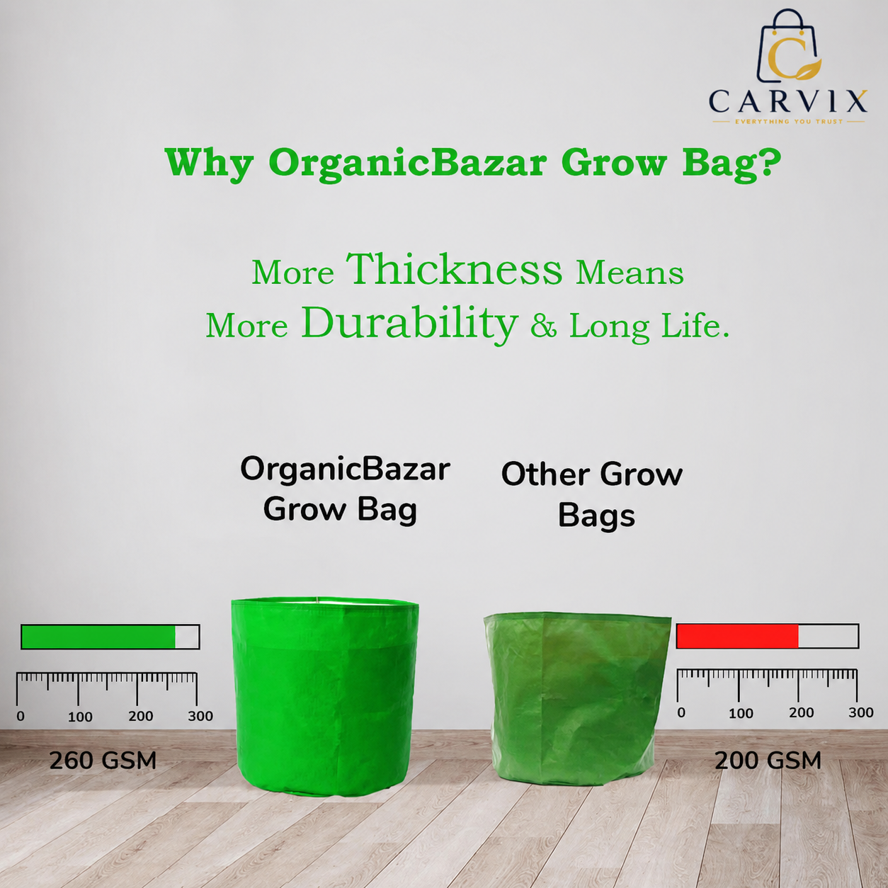 Carvix 6x6 Small Size Grow Bag for Home Gardening, Premium HDPE 260 GSM, Green Plant Bags