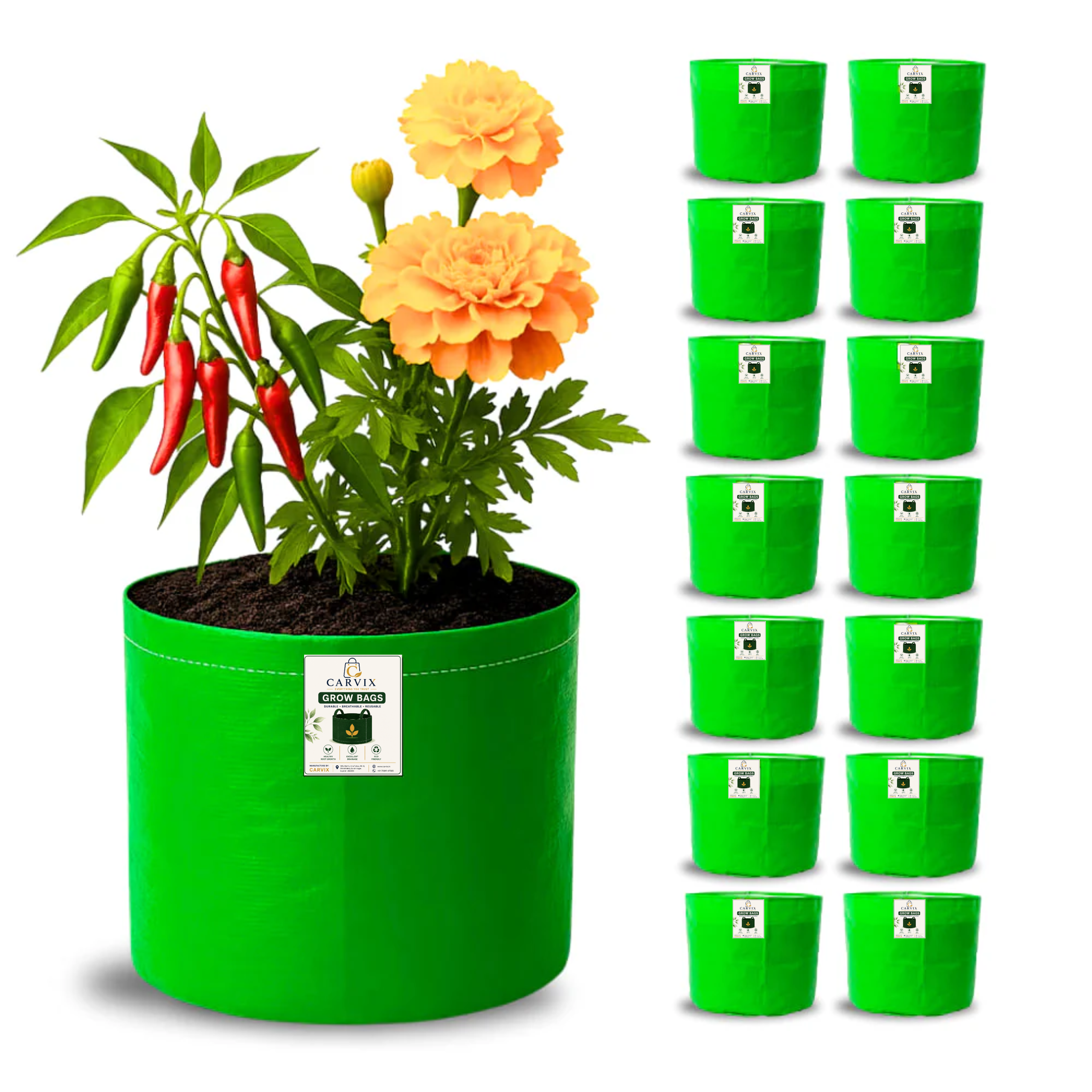Carvix 9x9 Small Grow Bag for Terrace Garden, Premium HDPE 260 GSM, Green Plant Bags