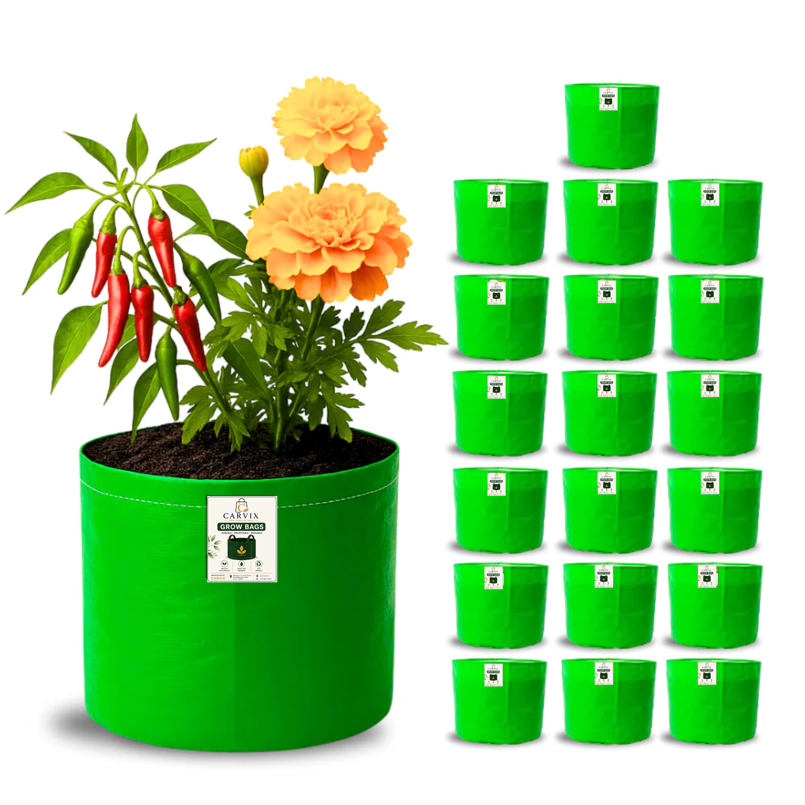 Carvix 9x9 Small Grow Bag for Terrace Garden, Premium HDPE 260 GSM, Green Plant Bags