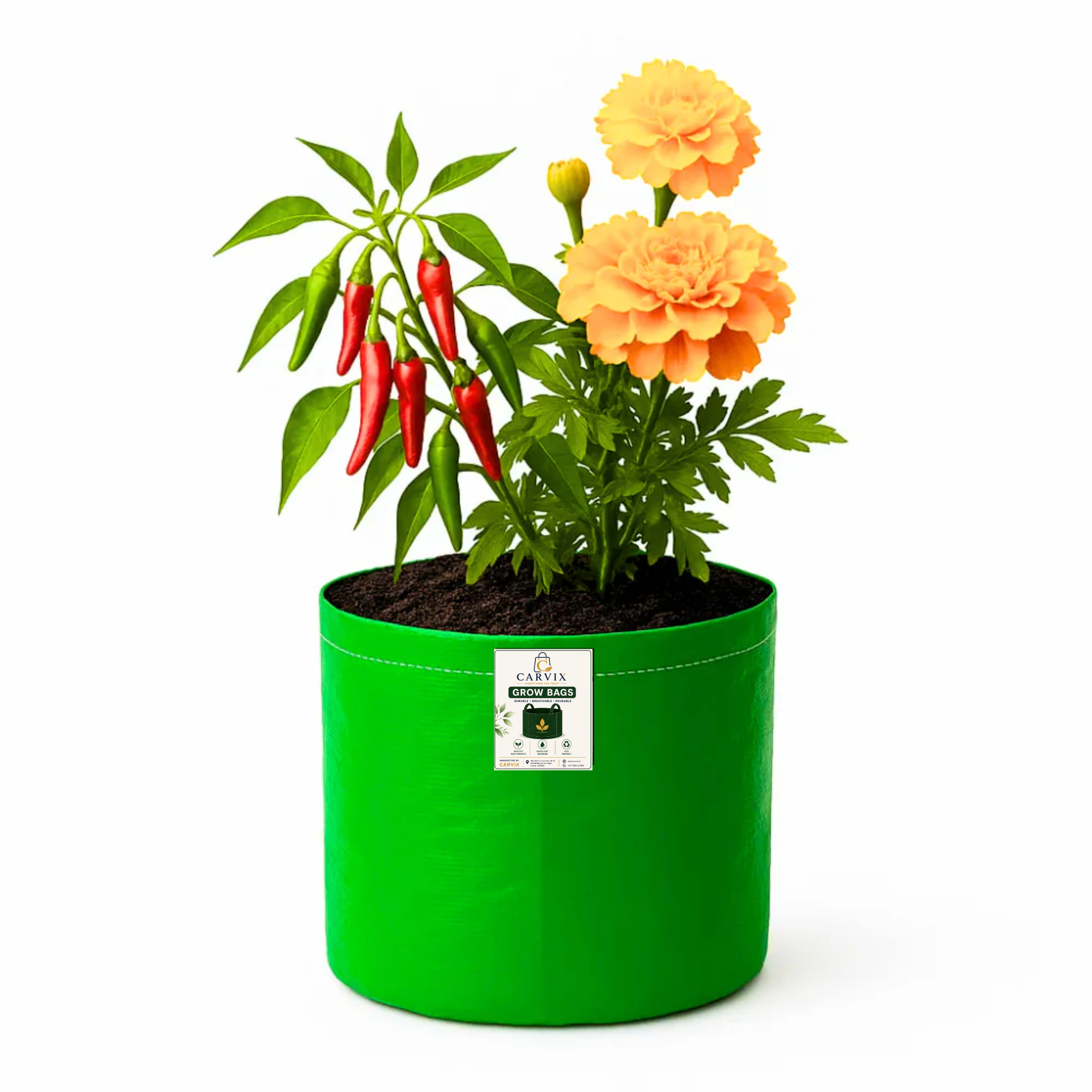 Carvix 9x9 Small Grow Bag for Terrace Garden, Premium HDPE 260 GSM, Green Plant Bags