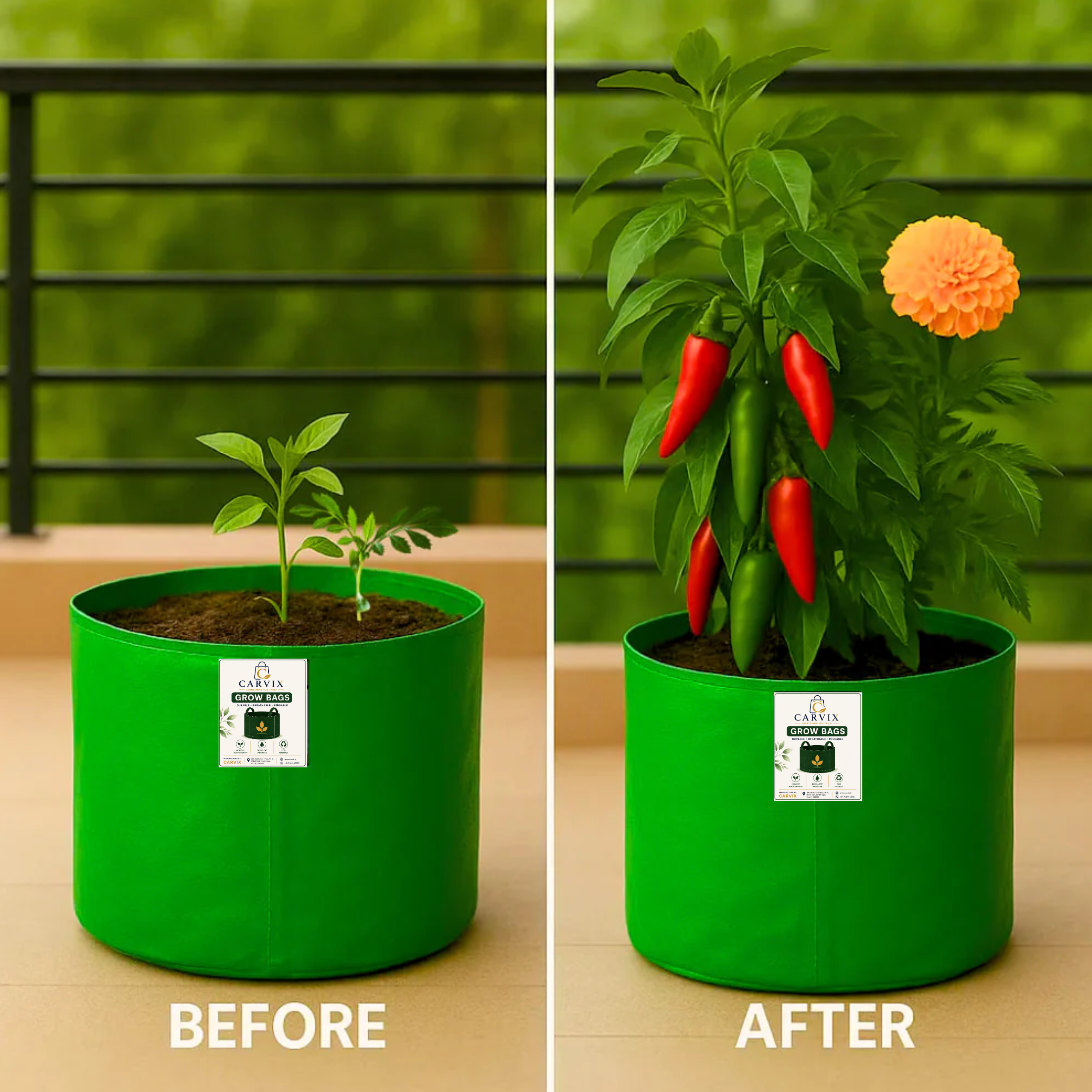 Carvix 9x9 Small Grow Bag for Terrace Garden, Premium HDPE 260 GSM, Green Plant Bags
