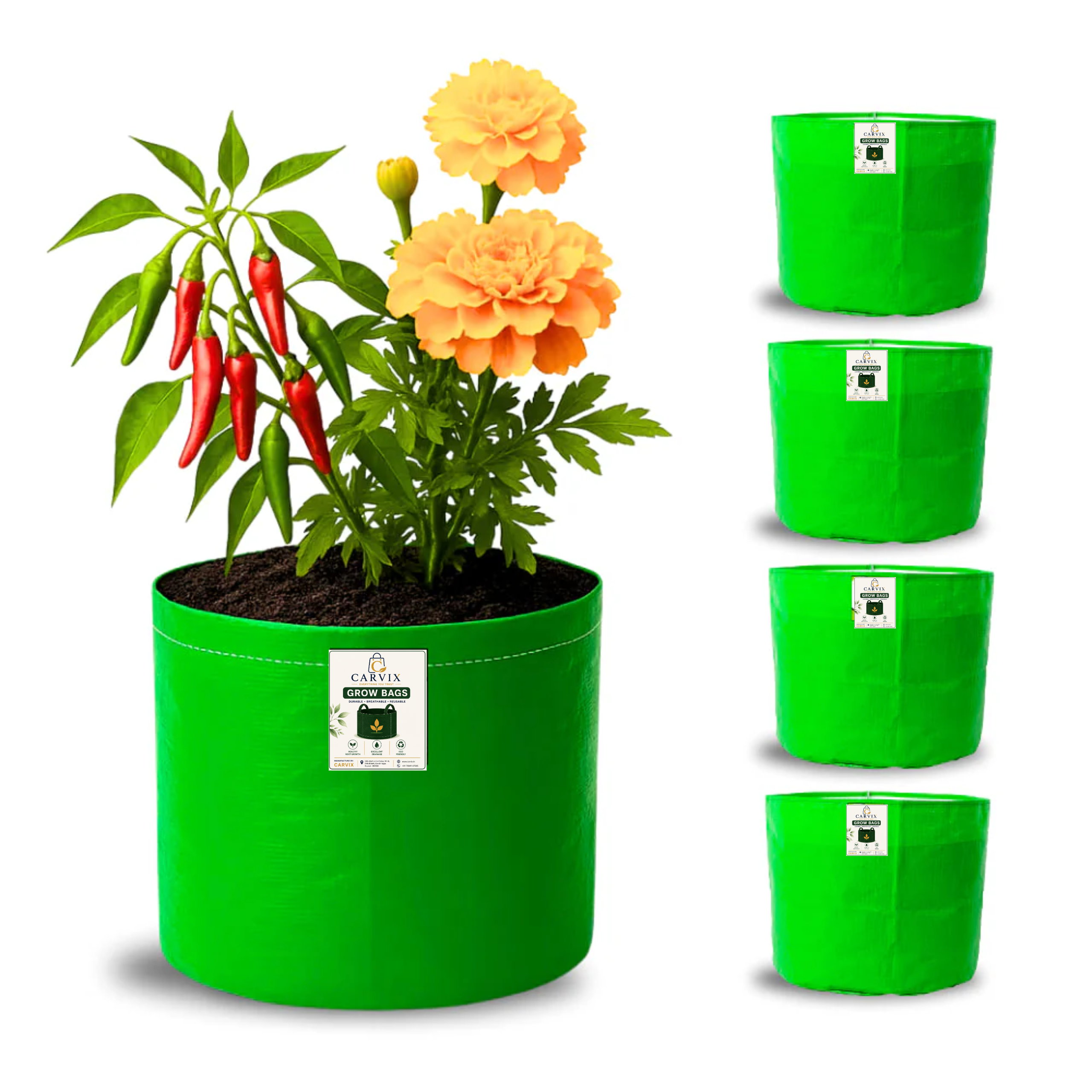 Carvix 9x9 Small Grow Bag for Terrace Garden, Premium HDPE 260 GSM, Green Plant Bags