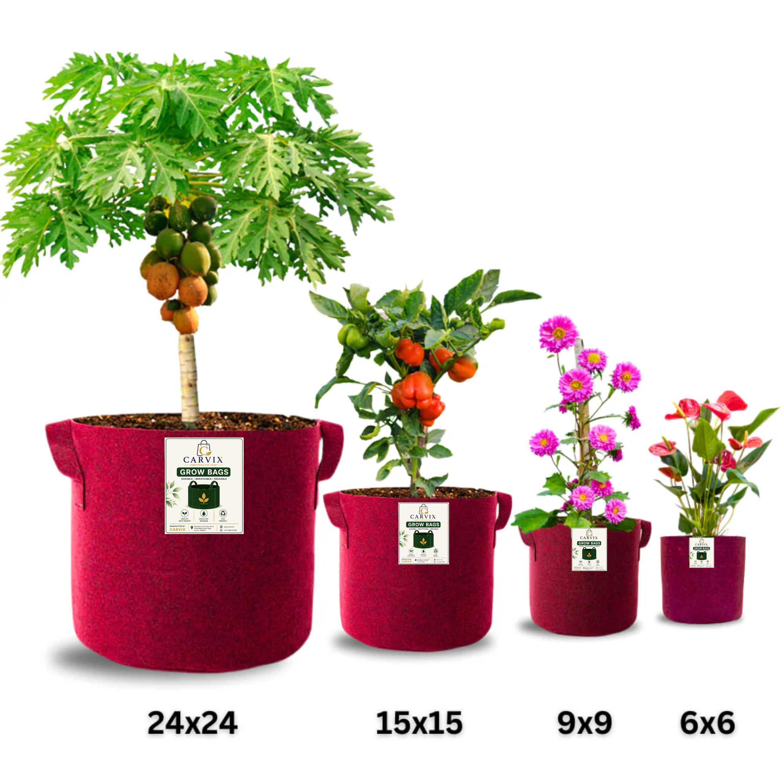Carvix 9x9 Geo Grow Bags Suitable for Vegetable and Flower Plants, Premium Quality 450 GSM Maroon Planters for Terrace Garden