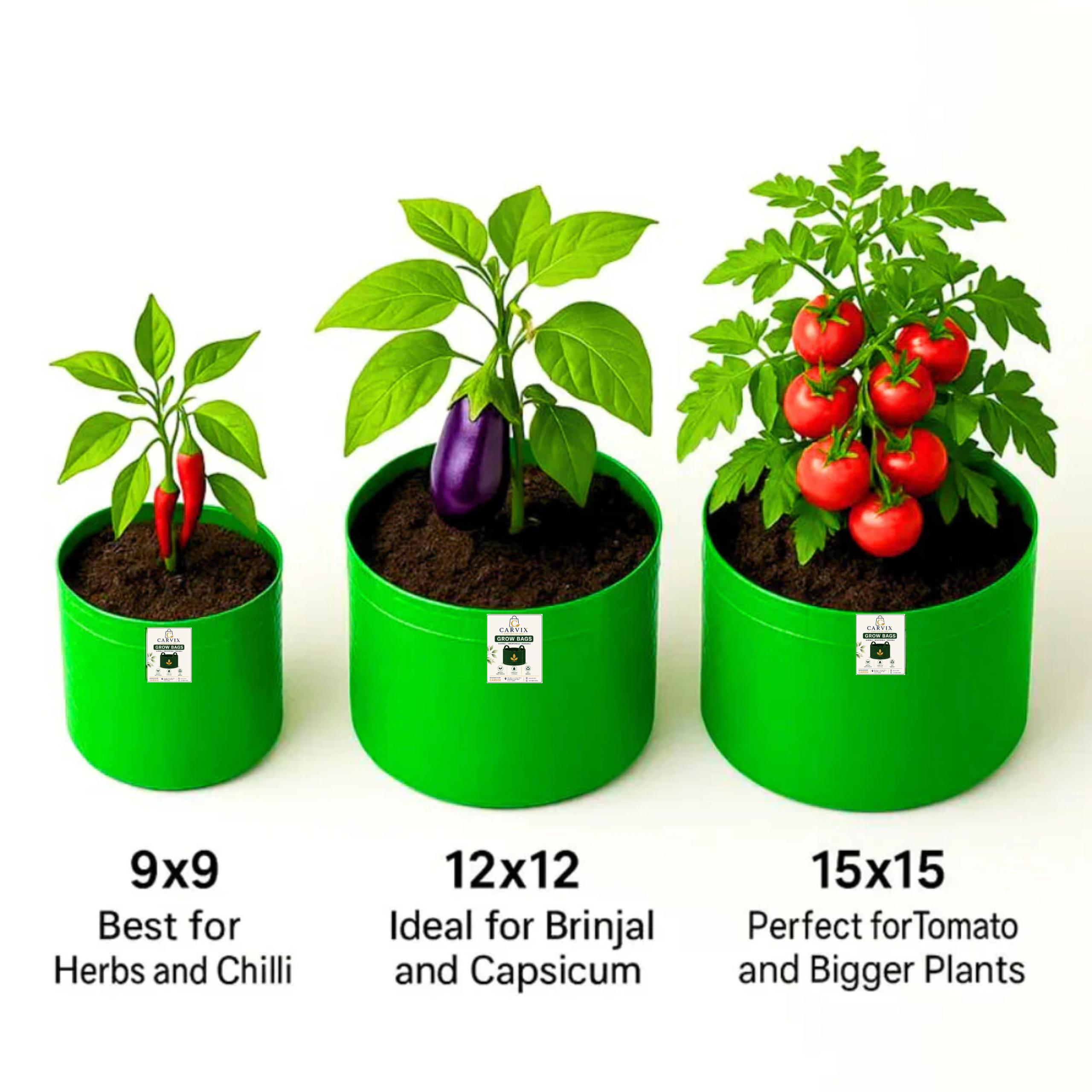 Carvix 15x15 Grow Bag for Vegetable Gardening, Premium HDPE 260 GSM, Green Plant Bags for Terrace Garden