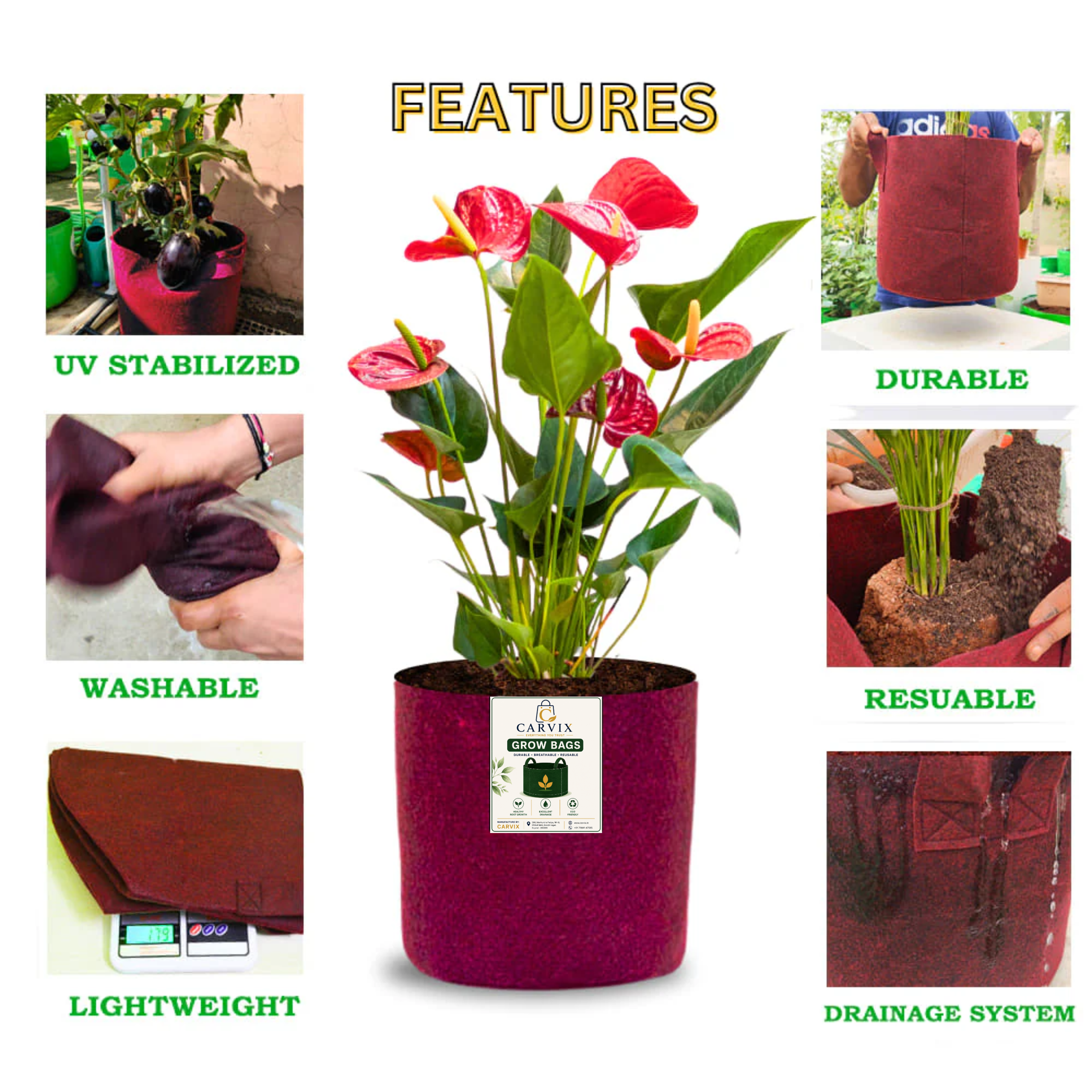 Carvix 6x6 Small Size Grow Bags for Terrace Gardening, Premium Quality Geo Fabric 450 GSM Planters for Small Plants