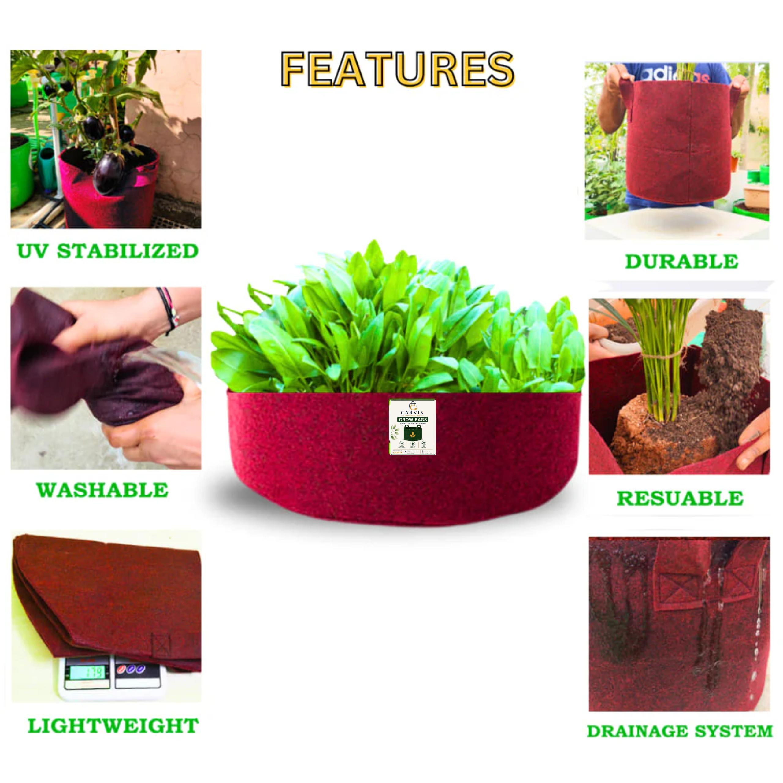 Carvix Geo 18x6 Leafy Grow Bags for Leafy Vegetables for Terrace Garden, Premium Geo Fabric 450 GSM Plant Bags