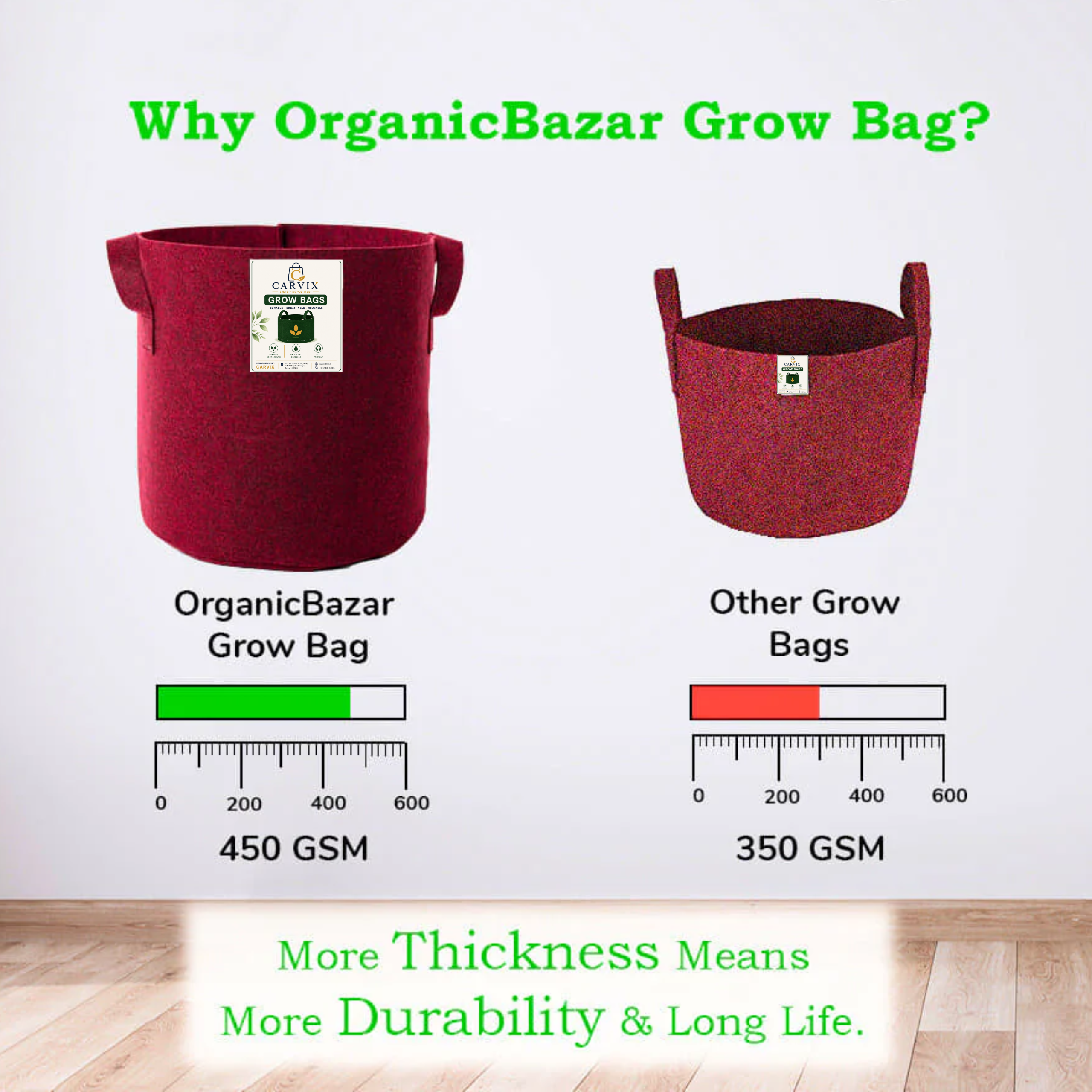 Carvix Geo 24×24 Grow Bag for Home & Terrace Gardening Suitable for Fruit Tree, Premium Geo Fabric 450 GSM Plant Bags