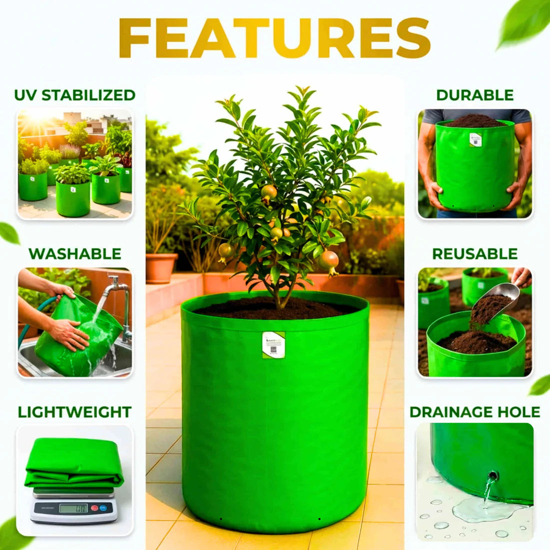 Carvix 24X36 Very Large Grow Bag for Fruit Tree, Premium HDPE 260 GSM Green Big Planter for Terrace Garden